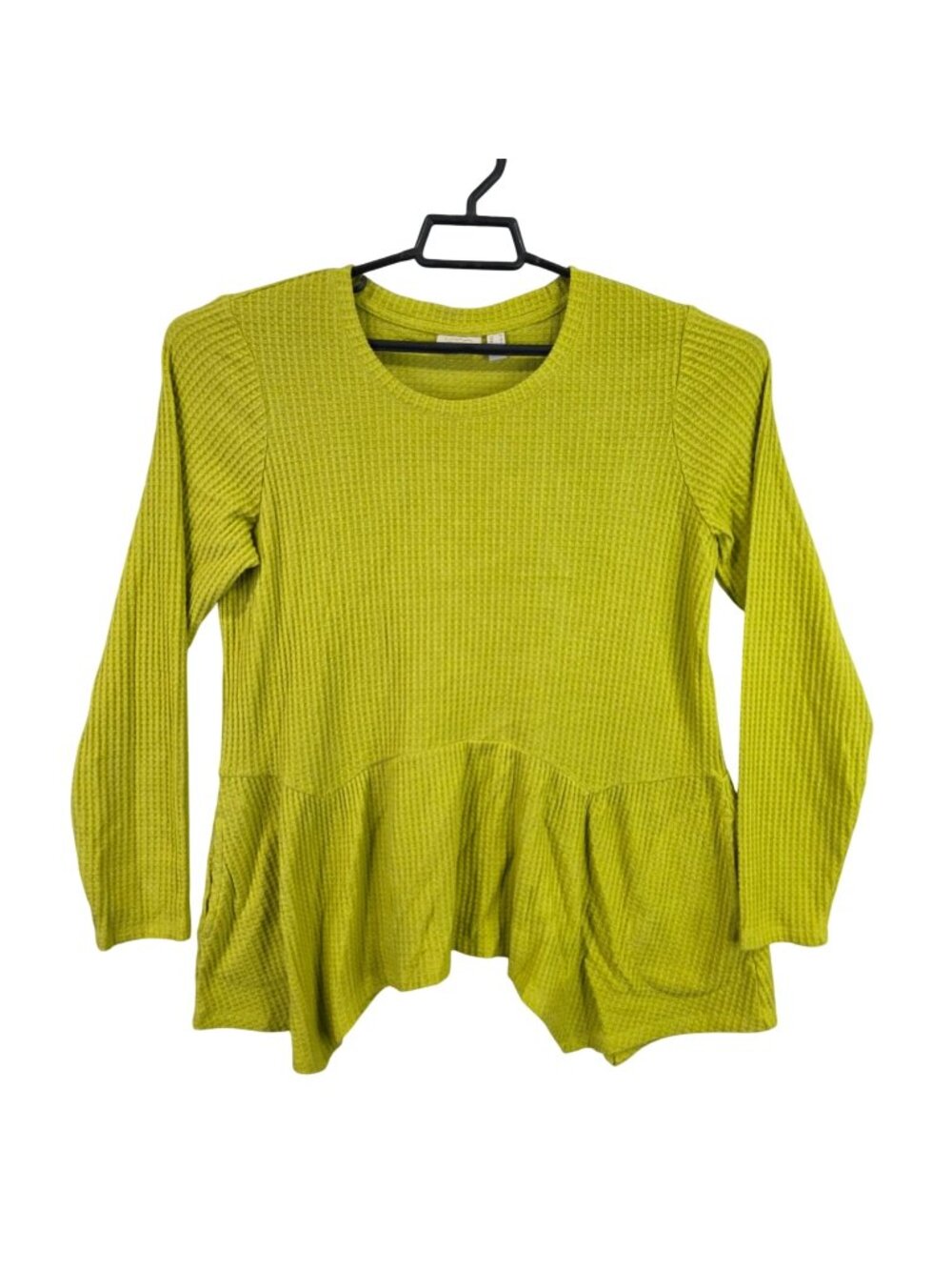 Womens LOGO Lori Goldstein Green Waffle Knit Long Sleeve Peplum Top Size M
